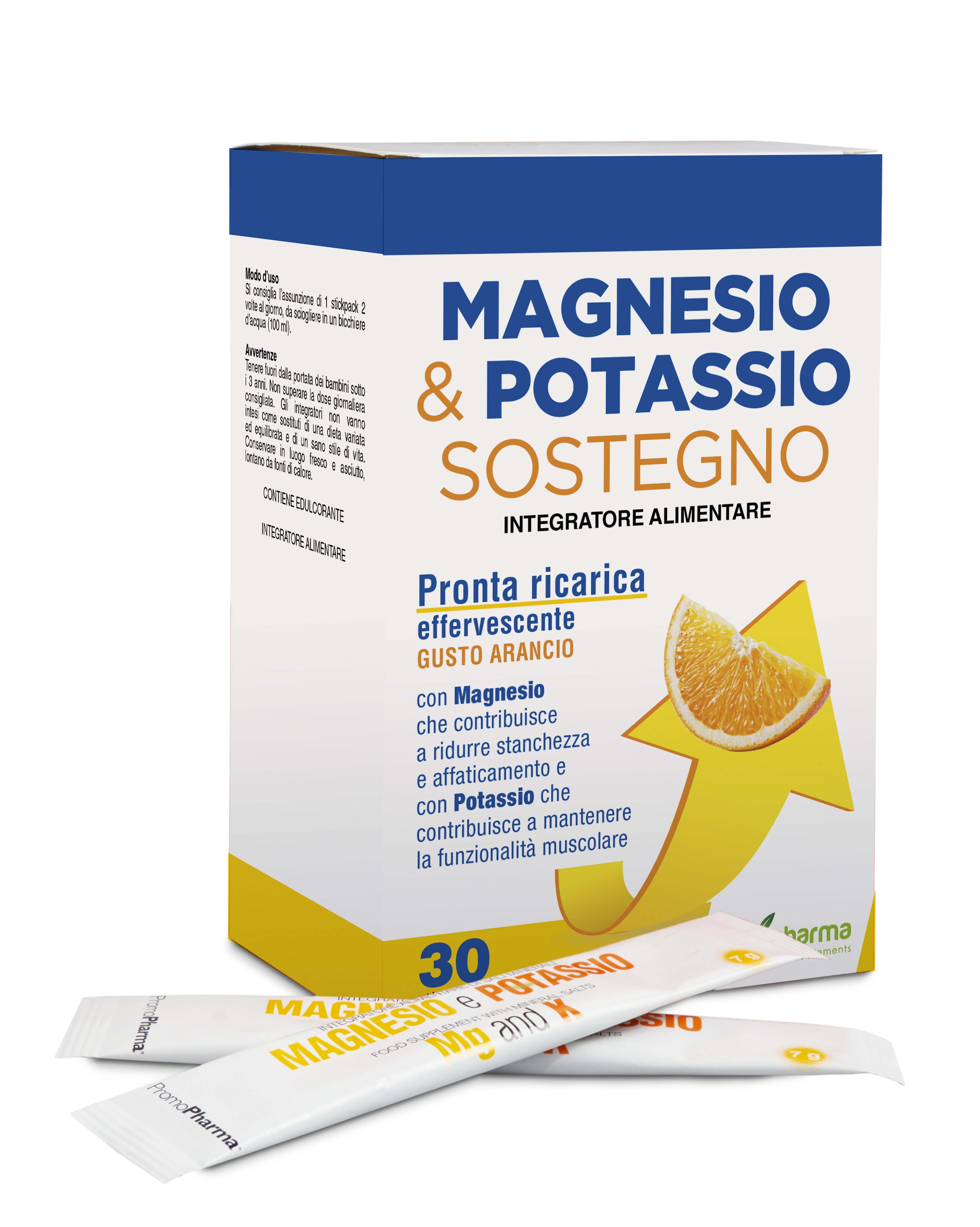 Magnesio e Potassio Forte Sostegno Sport 30 Bustine Effervescente Gusto Arancio senza Zucchero